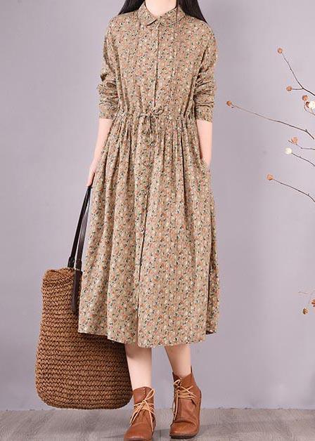 Loose Lapel Drawstring Spring Tunic Pattern Sewing Khaki Print Maxi Dresses - Omychic