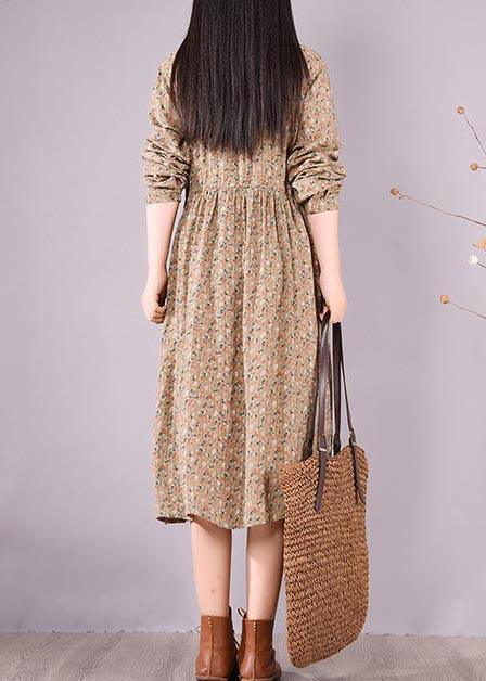 Loose Lapel Drawstring Spring Tunic Pattern Sewing Khaki Print Maxi Dresses - Omychic