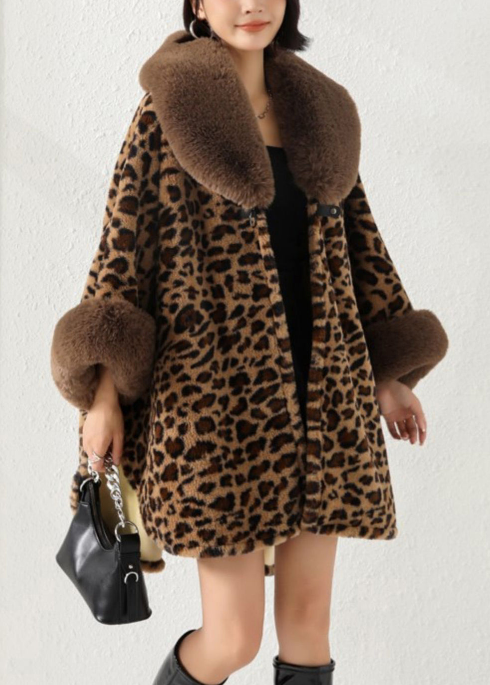 Loose Leopard Fur Collar Side Open Patchwork Warm Fleece Coat Fall