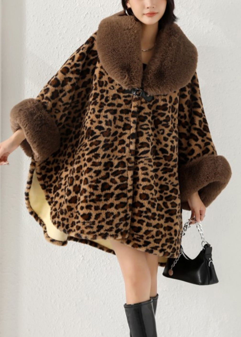 Loose Leopard Fur Collar Side Open Patchwork Warm Fleece Coat Fall