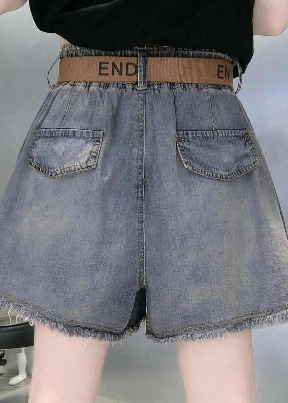 Loose Light Blue Pockets Elastic Waist Denim Shorts Summer