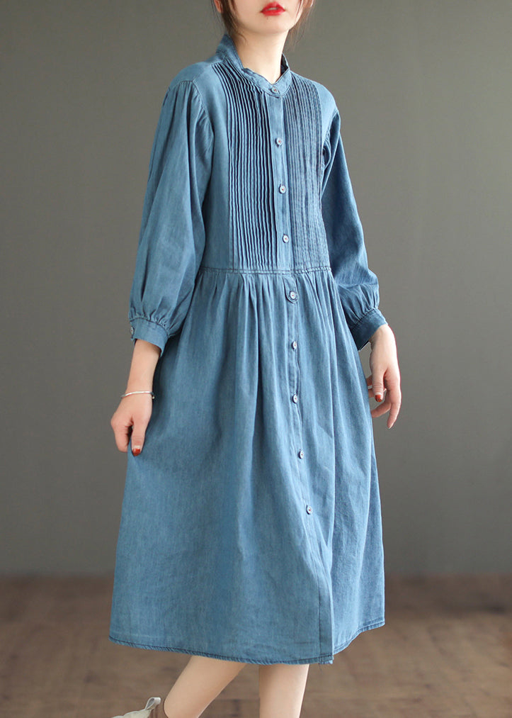 Loose Light Blue Wrinkled Button Denim Shirt Dress Spring