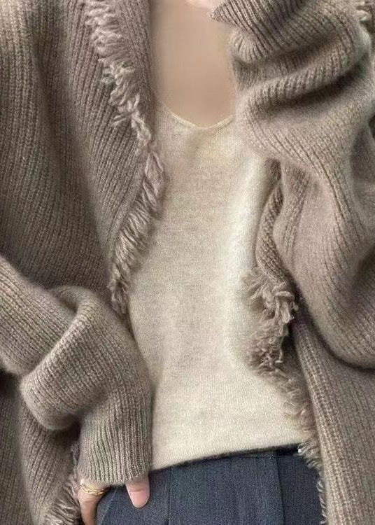 Loose Light Camel Tasseled Patchwork Knit Cardigans Fall