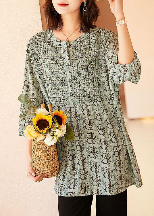 Loose Light Green O Neck Print Patchwork Chiffon Shirts Summer