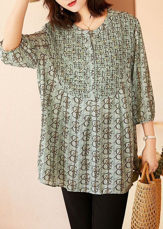 Loose Light Green O Neck Print Patchwork Chiffon Shirts Summer