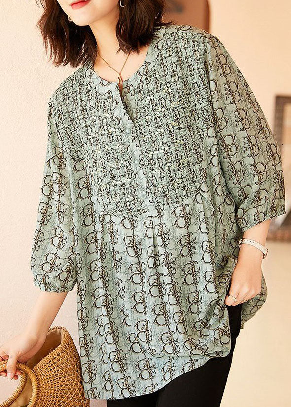 Loose Light Green O Neck Print Patchwork Chiffon Shirts Summer
