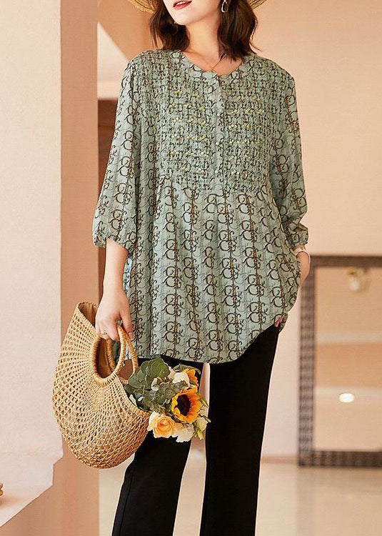 Loose Light Green O Neck Print Patchwork Chiffon Shirts Summer