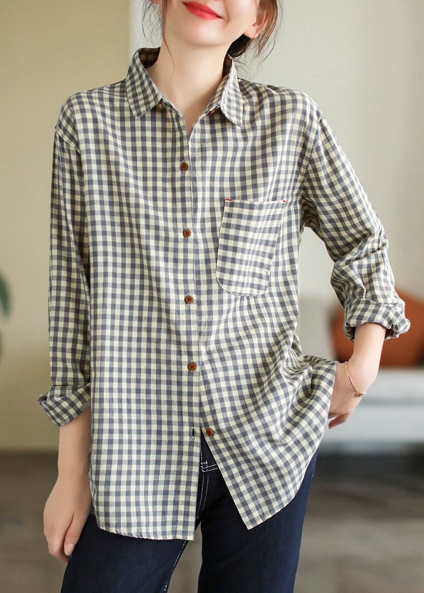 Loose Light Grey Peter Pan Collar Plaid Button Pockets Cotton Shirts Long Sleeve