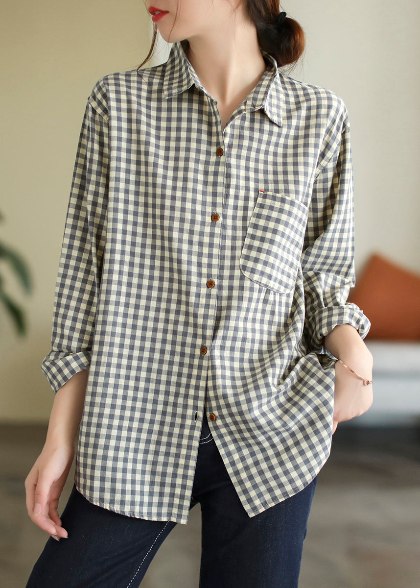 Loose Light Grey Peter Pan Collar Plaid Button Pockets Cotton Shirts Long Sleeve