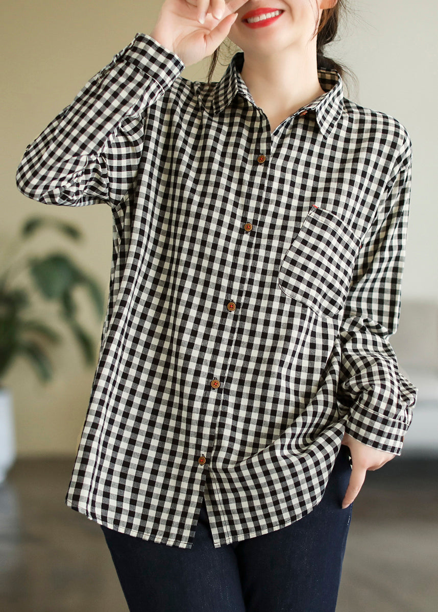 Loose Light Grey Peter Pan Collar Plaid Button Pockets Cotton Shirts Long Sleeve