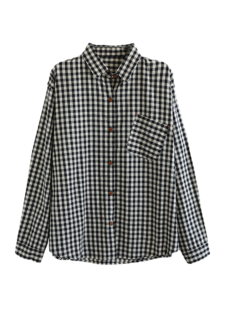 Loose Light Grey Peter Pan Collar Plaid Button Pockets Cotton Shirts Long Sleeve