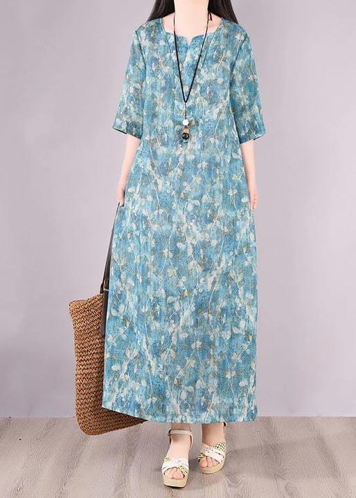 Loose Linen Clothes Women Floral Green Print Pocket Long Dress ( Limited Stock) - Omychic