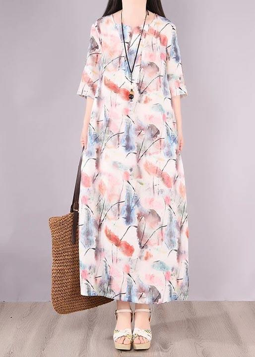 Loose Linen Clothes Women Floral Green Print Pocket Long Dress ( Limited Stock) - Omychic