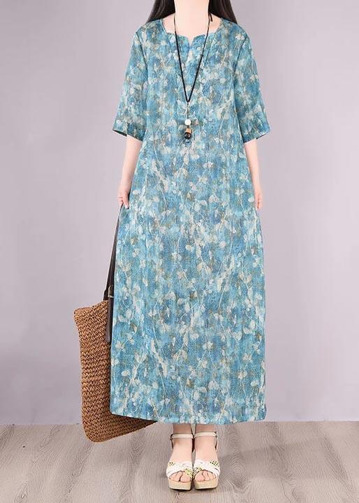 Loose Linen Clothes Women Floral Green Print Pocket Long Dress ( Limited Stock) - Omychic