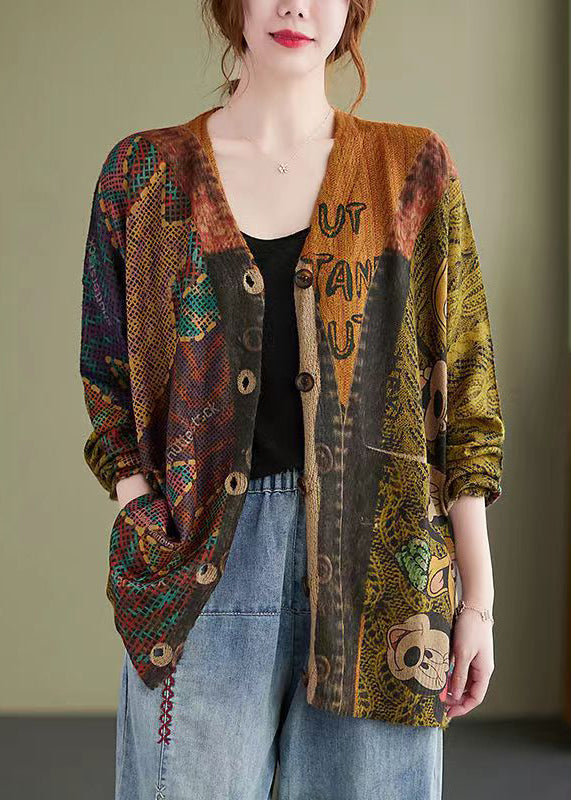 Loose Mitch Button Print Patchwork Cotton Knit Coat Fall