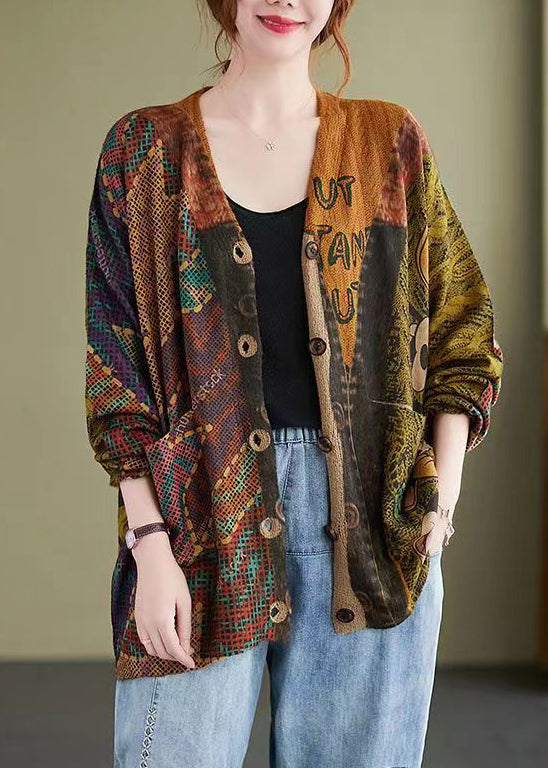 Loose Mitch Button Print Patchwork Cotton Knit Coat Fall