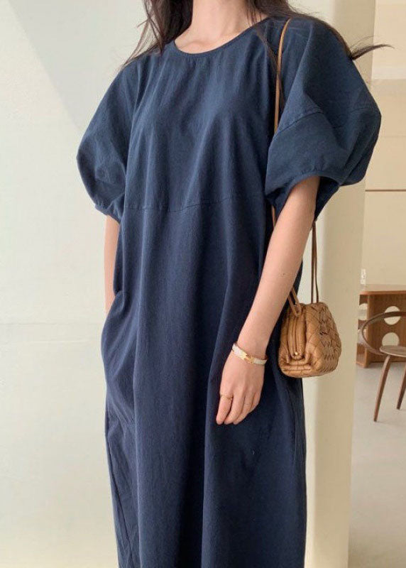 Loose Navy Cotton Vacation Loose Dresses Short Sleeve