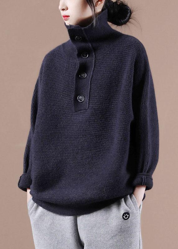 Loose Navy High Neck Button Fall Knit Sweater - Omychic