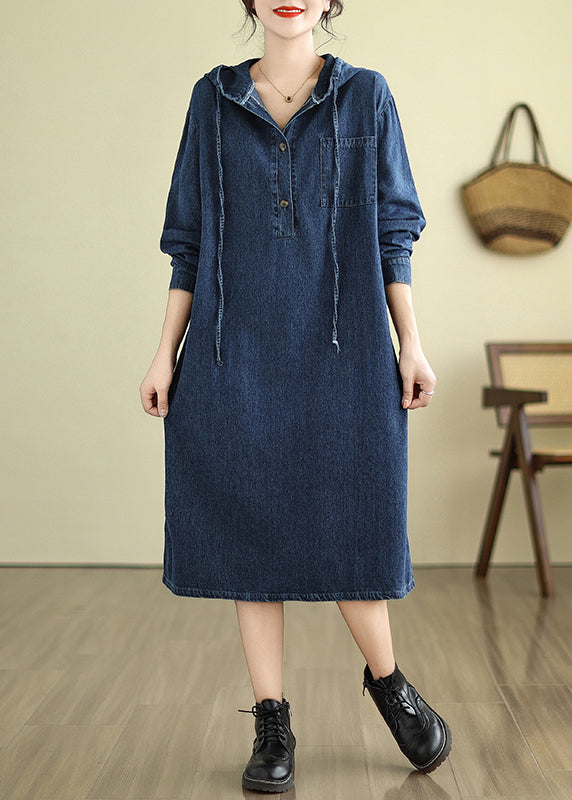 Loose Navy Hooded Button Pockets Denim Dresses Fall