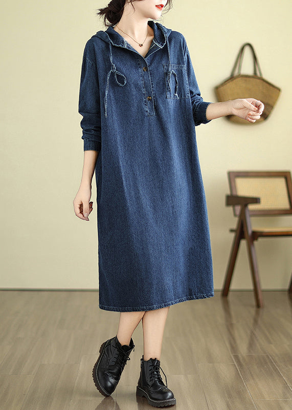 Loose Navy Hooded Button Pockets Denim Dresses Fall