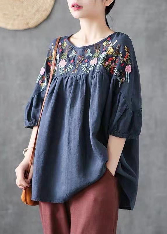 Loose Navy O-Neck Embroideried Cotton T Shirt Half Sleeve