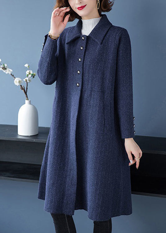 Loose Navy Peter Pan Collar Button Patchwork Woolen Coats Fall