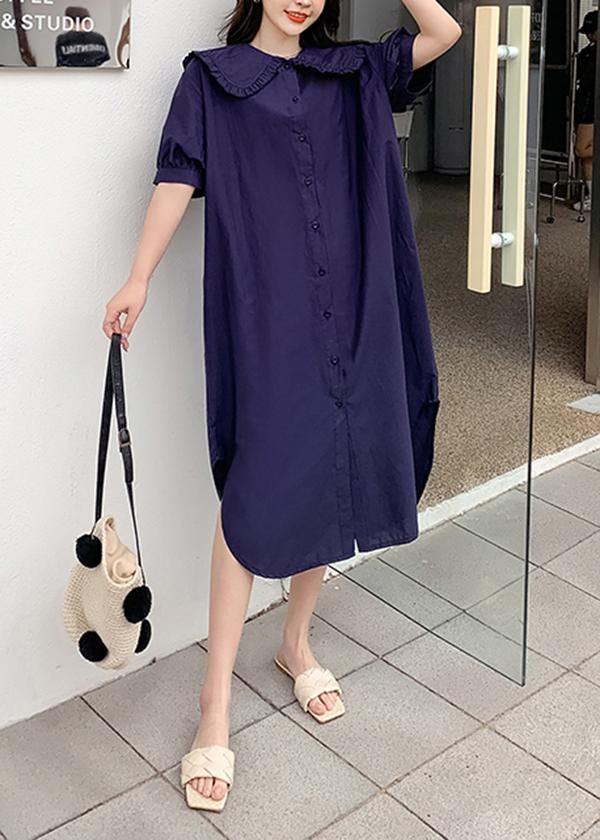 Loose Navy Peter Pan Collar side open Party Summer Cotton Dress - Omychic