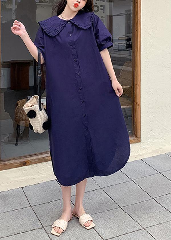 Loose Navy Peter Pan Collar side open Party Summer Cotton Dress - Omychic