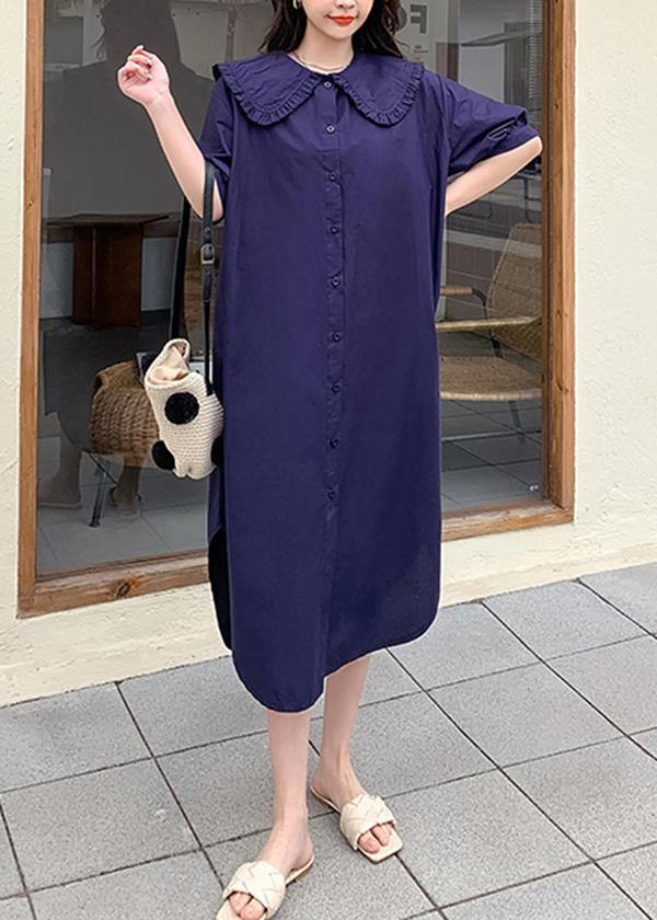 Loose Navy Peter Pan Collar side open Party Summer Cotton Dress - Omychic