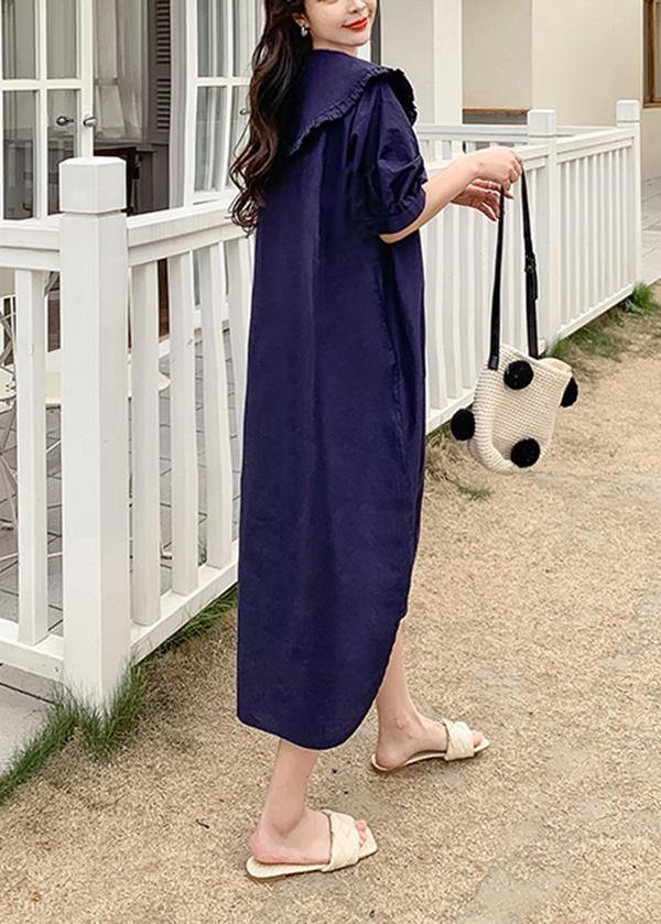 Loose Navy Peter Pan Collar side open Party Summer Cotton Dress - Omychic