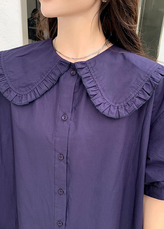 Loose Navy Peter Pan Collar side open Party Summer Cotton Dress - Omychic