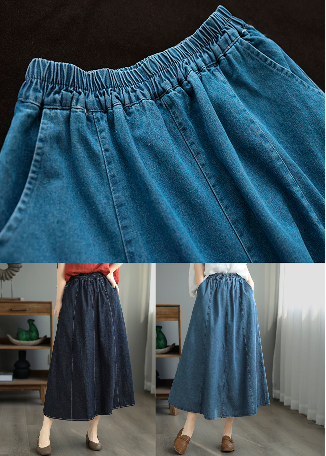 Loose Navy Pockets Elastic Waist Patchwork Skirt Fall