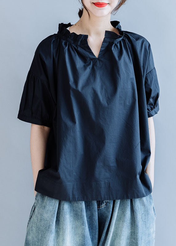 Loose Navy Ruffled Solid Color Cotton Shirt Tops Short Sleeve