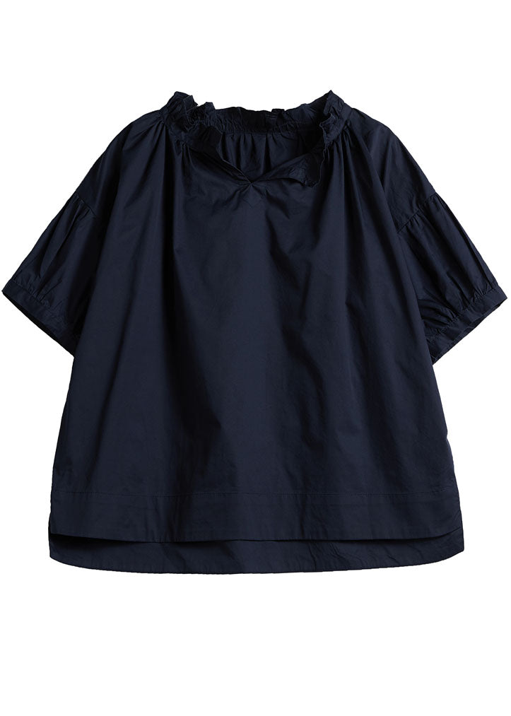 Loose Navy Ruffled Solid Color Cotton Shirt Tops Short Sleeve