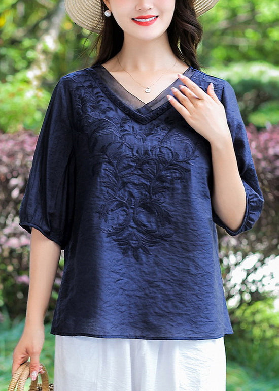Loose Navy V Neck Embroideried Patchwork Cotton T Shirt Half Sleeve