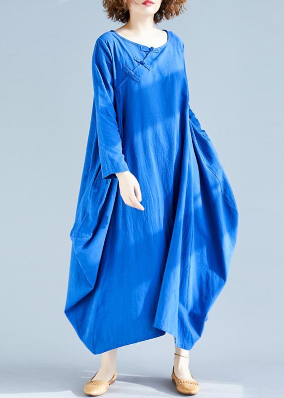 Loose O Neck Asymmetric Spring Wardrobes Fabrics Blue A Line Dress - Omychic