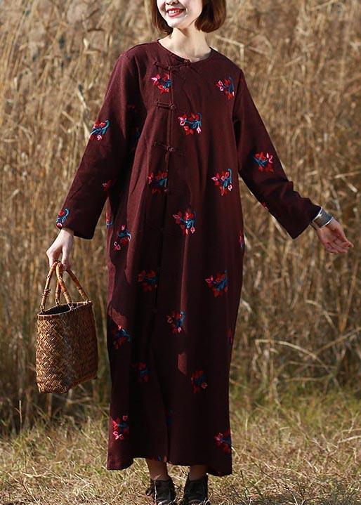 Loose O Neck Chinese Button Spring Wardrobes Tutorials Burgundy Embroidery A Line Dress - Omychic
