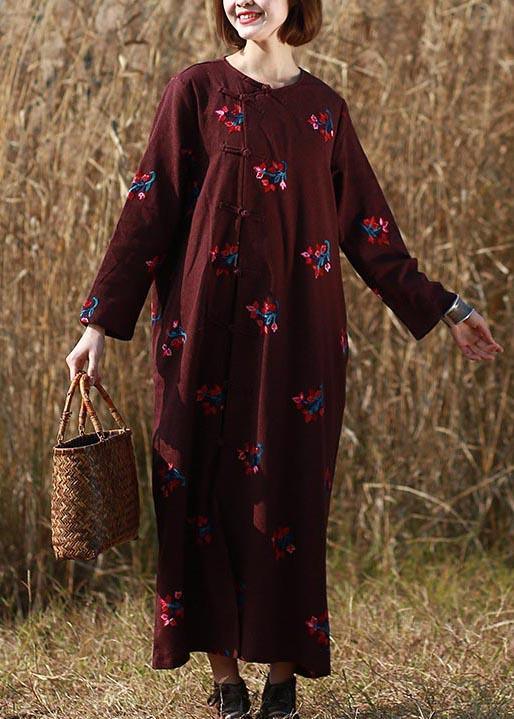 Loose O Neck Chinese Button Spring Wardrobes Tutorials Burgundy Embroidery A Line Dress - Omychic