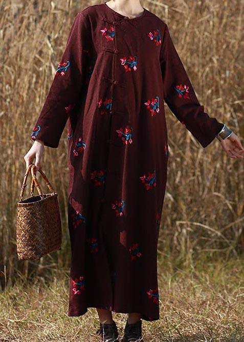 Loose O Neck Chinese Button Spring Wardrobes Tutorials Burgundy Embroidery A Line Dress - Omychic