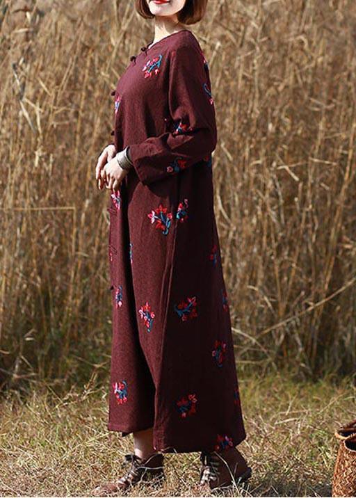 Loose O Neck Chinese Button Spring Wardrobes Tutorials Burgundy Embroidery A Line Dress - Omychic