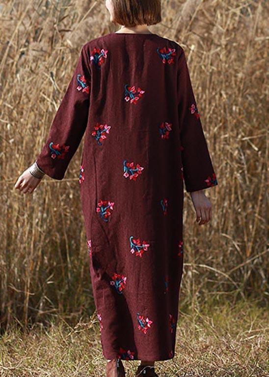Loose O Neck Chinese Button Spring Wardrobes Tutorials Burgundy Embroidery A Line Dress - Omychic