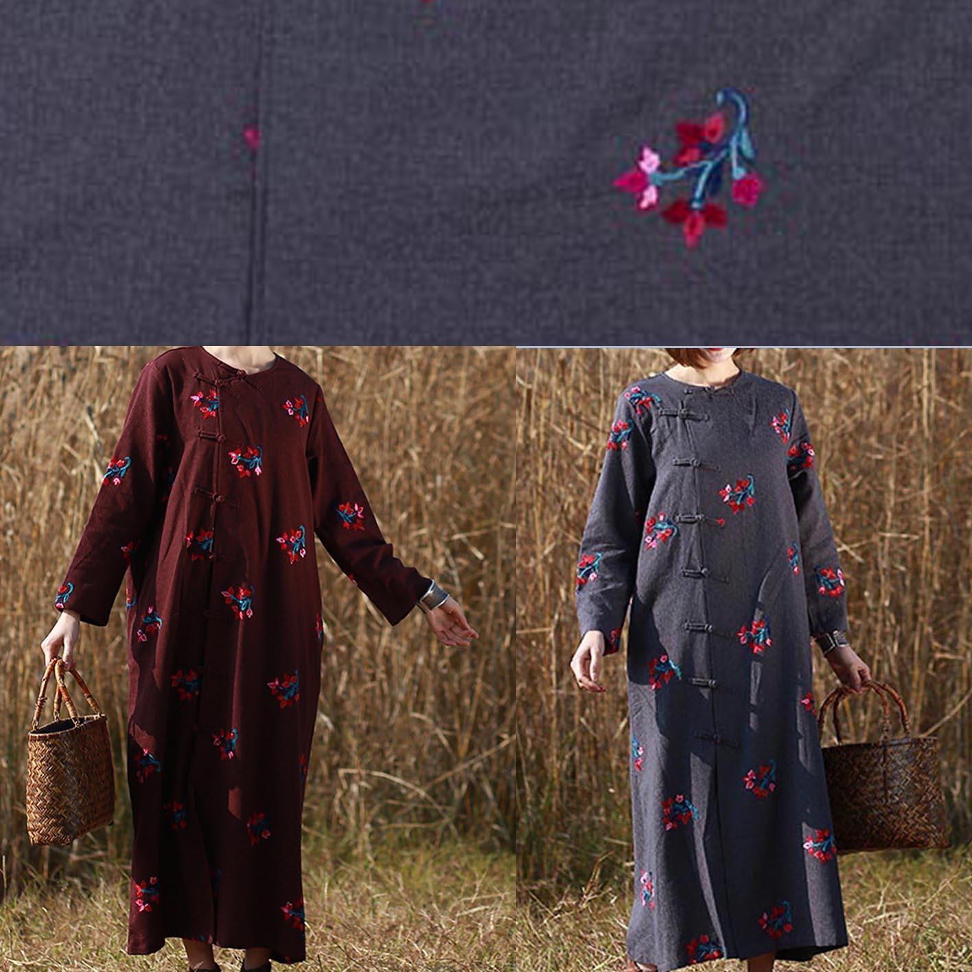 Loose O Neck Chinese Button Spring Wardrobes Tutorials Burgundy Embroidery A Line Dress - Omychic