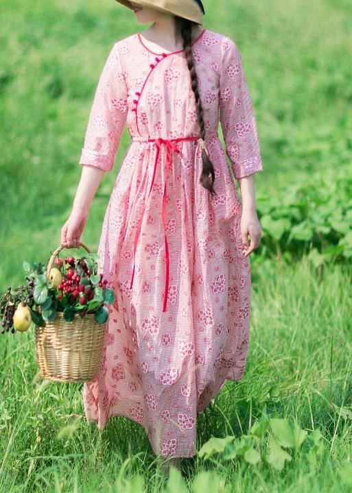 Loose O Neck Drawstring Summer Tunic Work Pink Print Art Dresses - Omychic