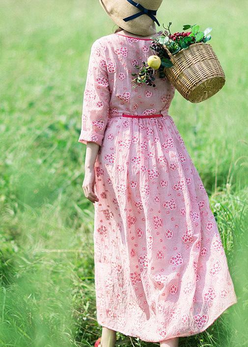 Loose O Neck Drawstring Summer Tunic Work Pink Print Art Dresses - Omychic
