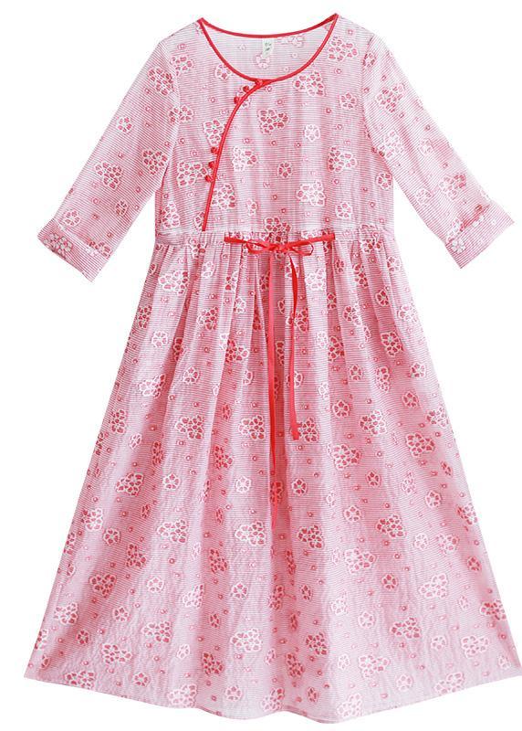 Loose O Neck Drawstring Summer Tunic Work Pink Print Art Dresses - Omychic