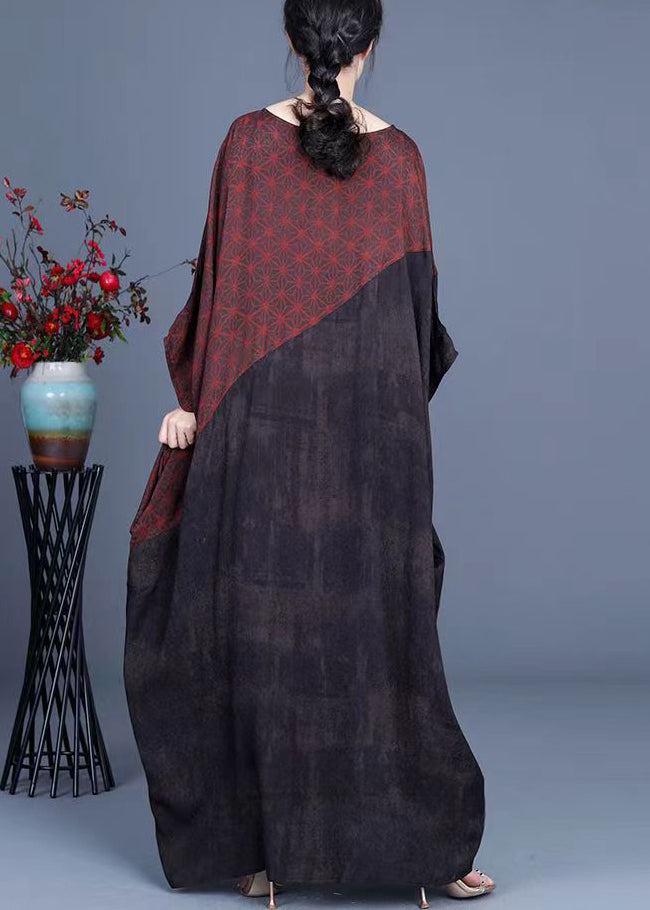 Loose O-Neck Patchwork Asymmetrical Design Print Silk Long Dresses Batwing Sleeve