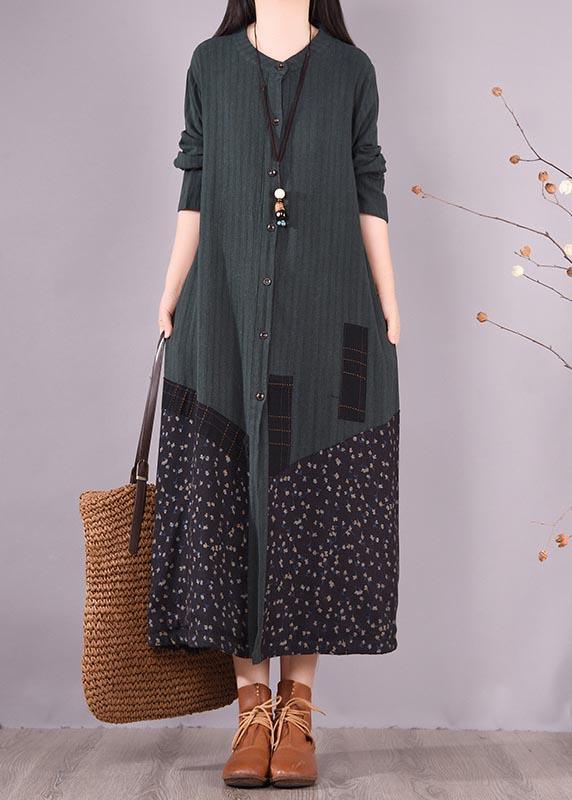 Loose O Neck Pockets Spring Clothes Design Blackish Green Patchwork Print Dresses - Omychic