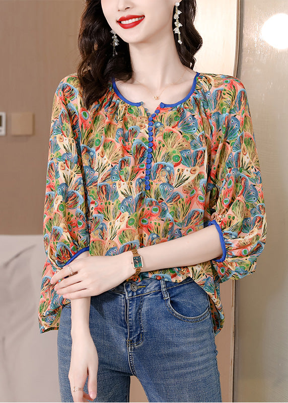 Loose O-Neck Print Patchwork Silk Tops Spring