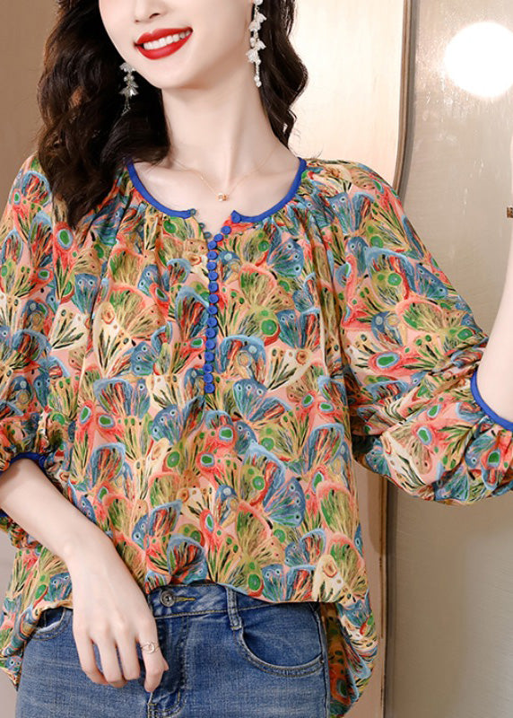 Loose O-Neck Print Patchwork Silk Tops Spring