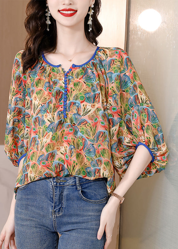 Loose O-Neck Print Patchwork Silk Tops Spring